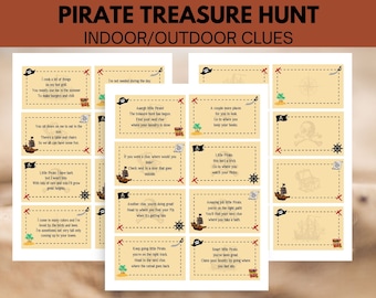 Búsqueda del tesoro pirata con pistas para interior y exterior, juego de fiesta imprimible