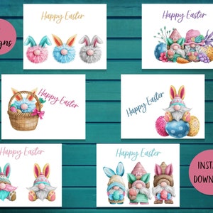 Printable Gnome Easter Cards, Set of 6 Simple Design Gnome Easter Cards, Instant Download,