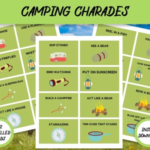 Charades de camping, Camping Act it, Camping Draw it, Imprimable