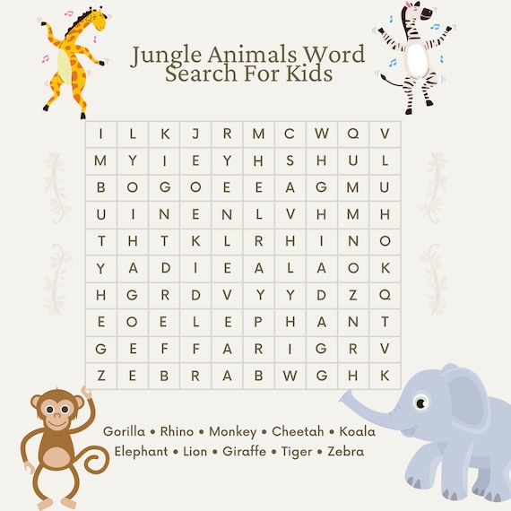 jungle animal word search answer key for children printable etsy