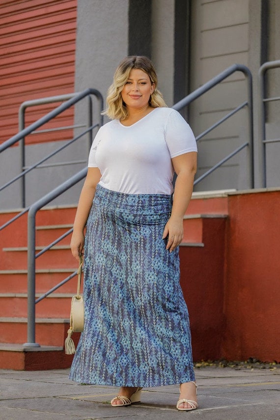 Women's Plus Size Maxi Skirt, Fold Over Skirt With High Waist, Long Skirt  in Blue, Plus Size Clothes for Women 