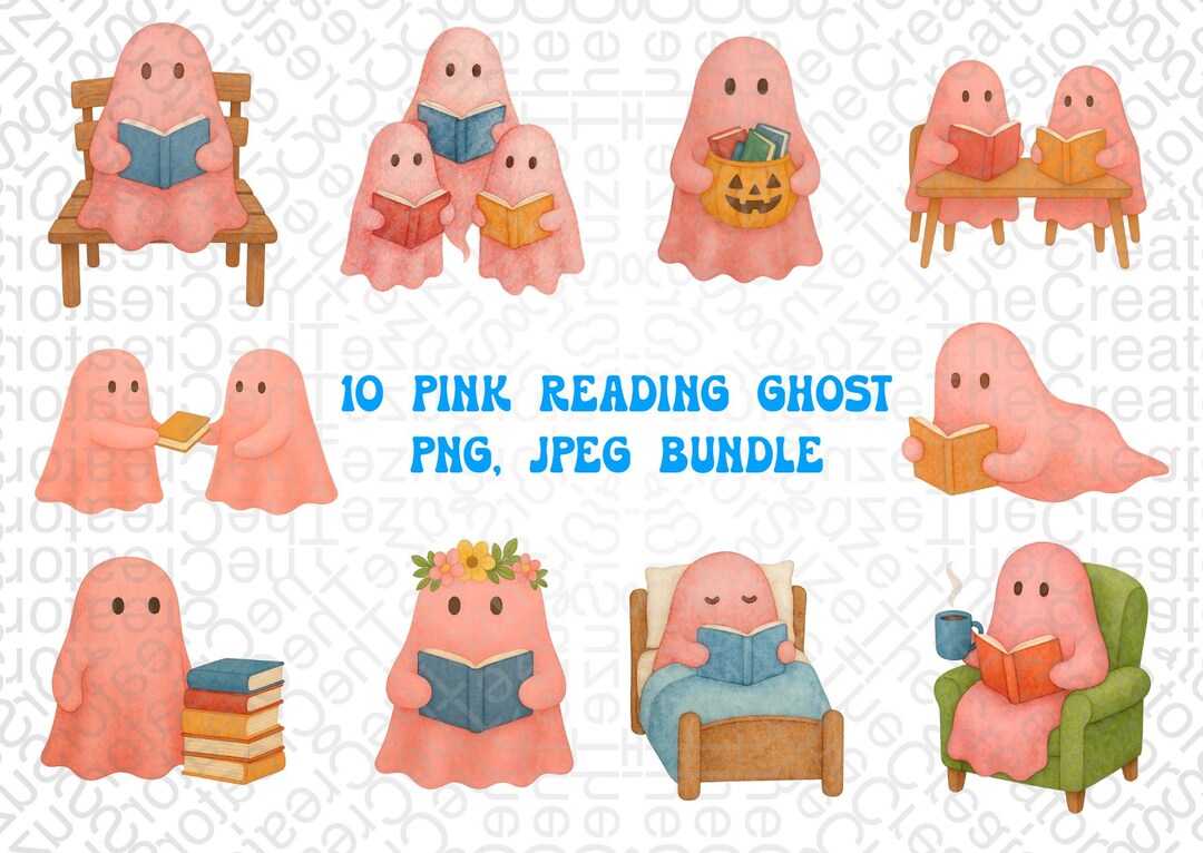 Pink Reading Ghosts Watercolor PNG SVG JPEG, Cute Halloween Ghost ...