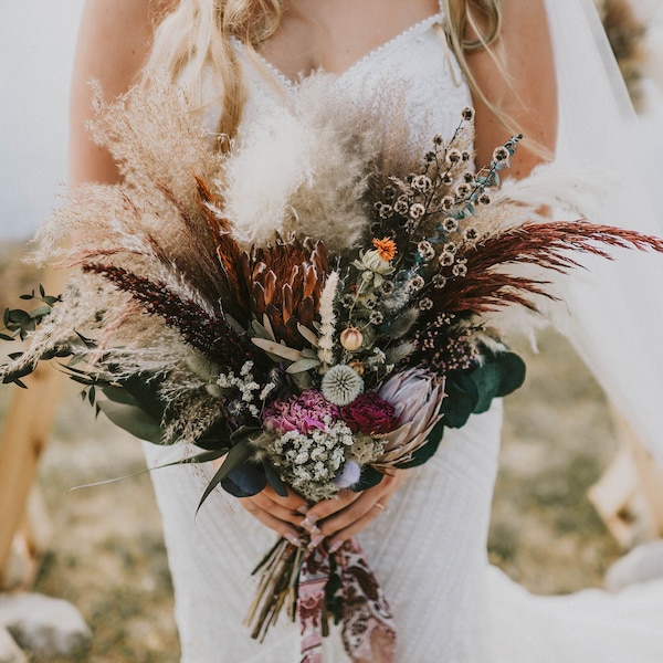 Bridal Bouquet XL | Rebel Colorful Dark & Moody Protea Pampas Grass Dried Flower Custom Design | Boho Rustic Outdoor Wedding | Barbie Dreams