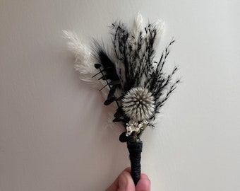 Rebel Groom's Boutonnière | Black White & Gray Wedding | Thistle Dried Flower Arrangement | Goth Wedding