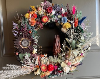 Dried Flower & Crystal Wreath | Whimsical Colorful Goth Rebel Hanging Home Decor | Dark Moody Boho Gift | Modern Edgy Bedroom Decoration