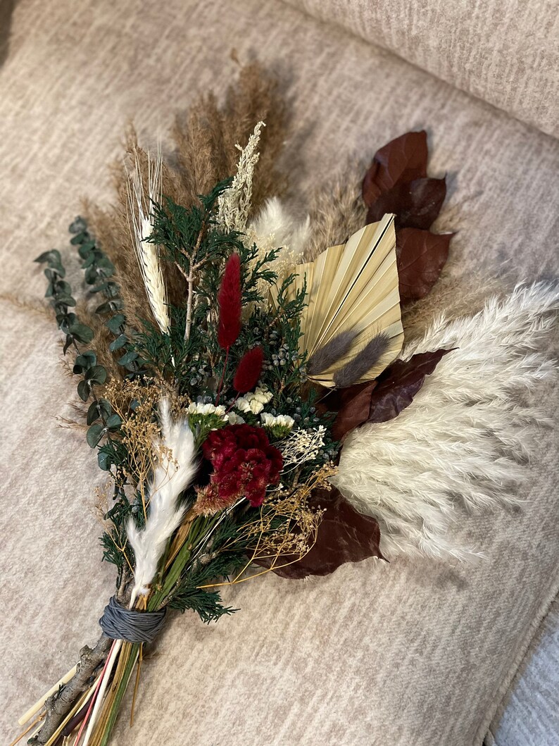 Boho Winter Wedding Bouquet Burgundy Wine Red Pine Green Etsy