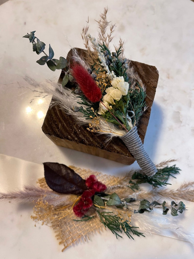 Boho Winter Wedding Bouquet Burgundy Wine Red Pine Green Etsy