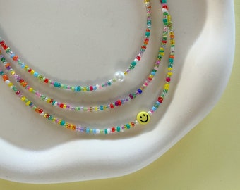 Rainbow Seed Bead Necklace | Mixed pearl smiley colourful choker | y2k matching simple smiles bright