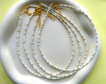 White and Gold Beaded Necklace | adjustable seed bead choker | luxury dainty jewellery accessory unique staple stacking