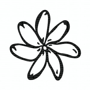 Könnte beinhalten: Eine Schwarzweiß-Zeichnung einer einfachen Blume mit sechs Blütenblättern.