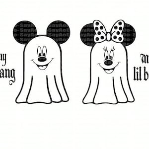 May include: Black and white graphic featuring two cartoon ghosts in the style of Mickey and Minnie Mouse. One ghost has Mickey's ears, the other has Minnie's bow. Text reads "She's my lil boo thang" and "Me, I'm the lil boo thang."