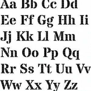 Könnte beinhalten: Ein Schwarzweiß-Alphabet-Schriftarten-Diagramm mit Großbuchstaben in einer fetten, blockartigen Schrift.