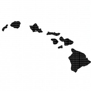 May include: Black silhouette of the Hawaiian Islands on a white background. The islands are arranged in a diagonal line from upper left to lower right. The text "SayAeD" and "Do-Say" is repeated across the image.