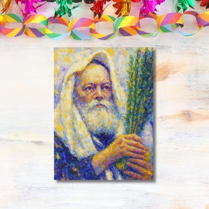 May include: An oil painting of an older man with a long white beard and a white head covering, holding a green leafy bundle. The painting has a textured, impressionistic style with yellow, blue, and brown tones. Colorful paper chain decorations are at the top.