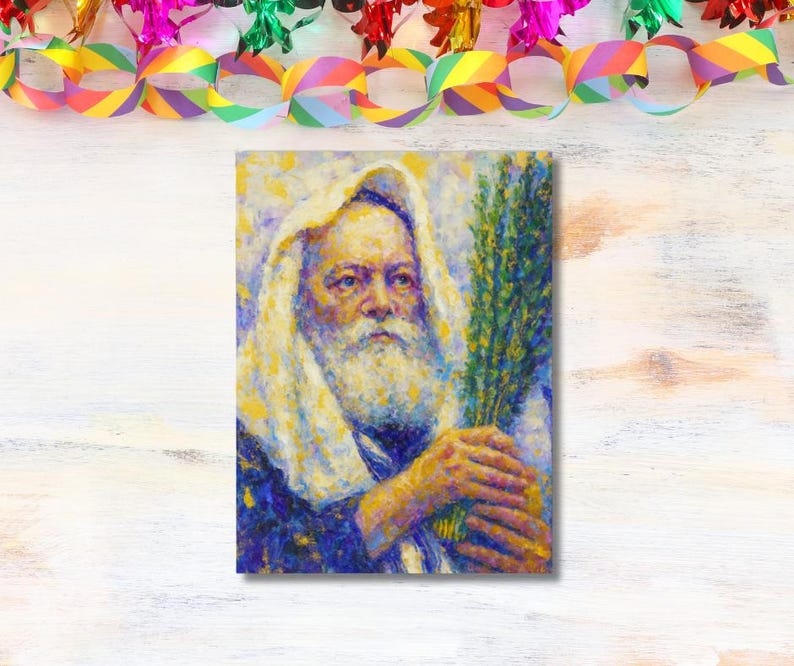 May include: An oil painting of an older man with a long white beard and a white head covering, holding a green leafy bundle. The painting has a textured, impressionistic style with yellow, blue, and brown tones. Colorful paper chain decorations are at the top.
