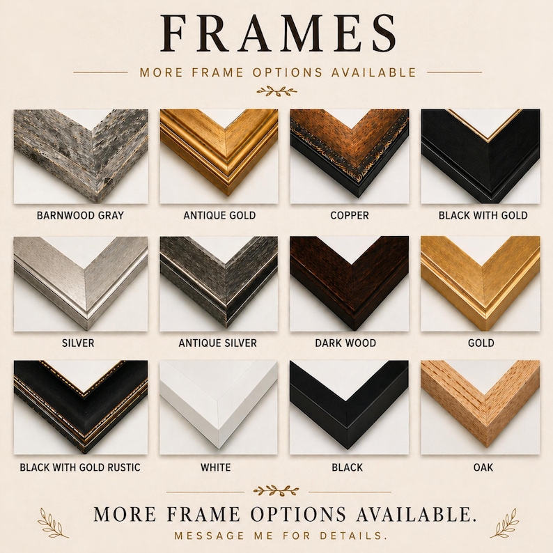 Puede incluir: Una selecci&oacute;n de marcos de fotos en varios estilos y colores. La imagen muestra marcos en Barnwood Gray, Oro Antiguo, Cobre, Negro con Oro, Plata, Plata Antigua, Madera Oscura, Oro, Negro con Oro R&uacute;stico, Blanco, Negro y Roble. El texto dice "FRAMES" y "M&Aacute;S OPCIONES DE MARCOS DISPONIBLES".