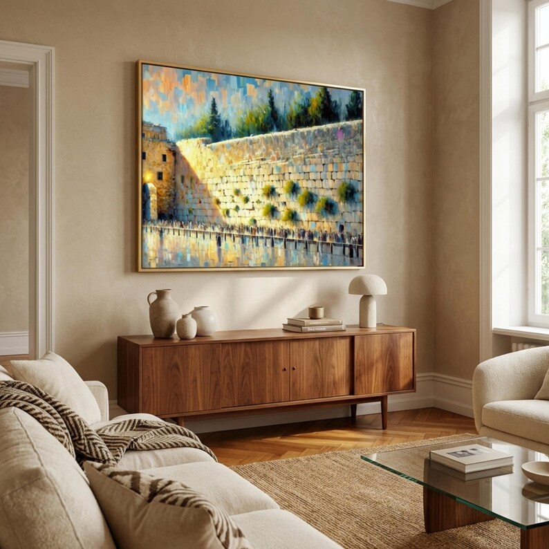 Puede incluir: Pintura enmarcada con marco dorado que representa una vista detallada de un muro de piedra. La obra de arte presenta una paleta de colores c&aacute;lidos con tonos de amarillo, marr&oacute;n y azul. La pintura se exhibe sobre un mueble de madera en un sal&oacute;n.