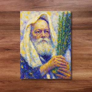 May include: An oil painting of a man with a long white beard and a white head covering. He is holding a bundle of green leaves. The artwork uses a palette of blues, yellows, and greens, with visible brushstrokes, creating a textured effect.