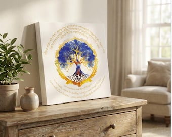 May include: Square canvas art featuring a watercolor tree design with blue and yellow hues. The tree has a detailed root system and a circular border with text. The artwork is displayed on a wooden dresser.