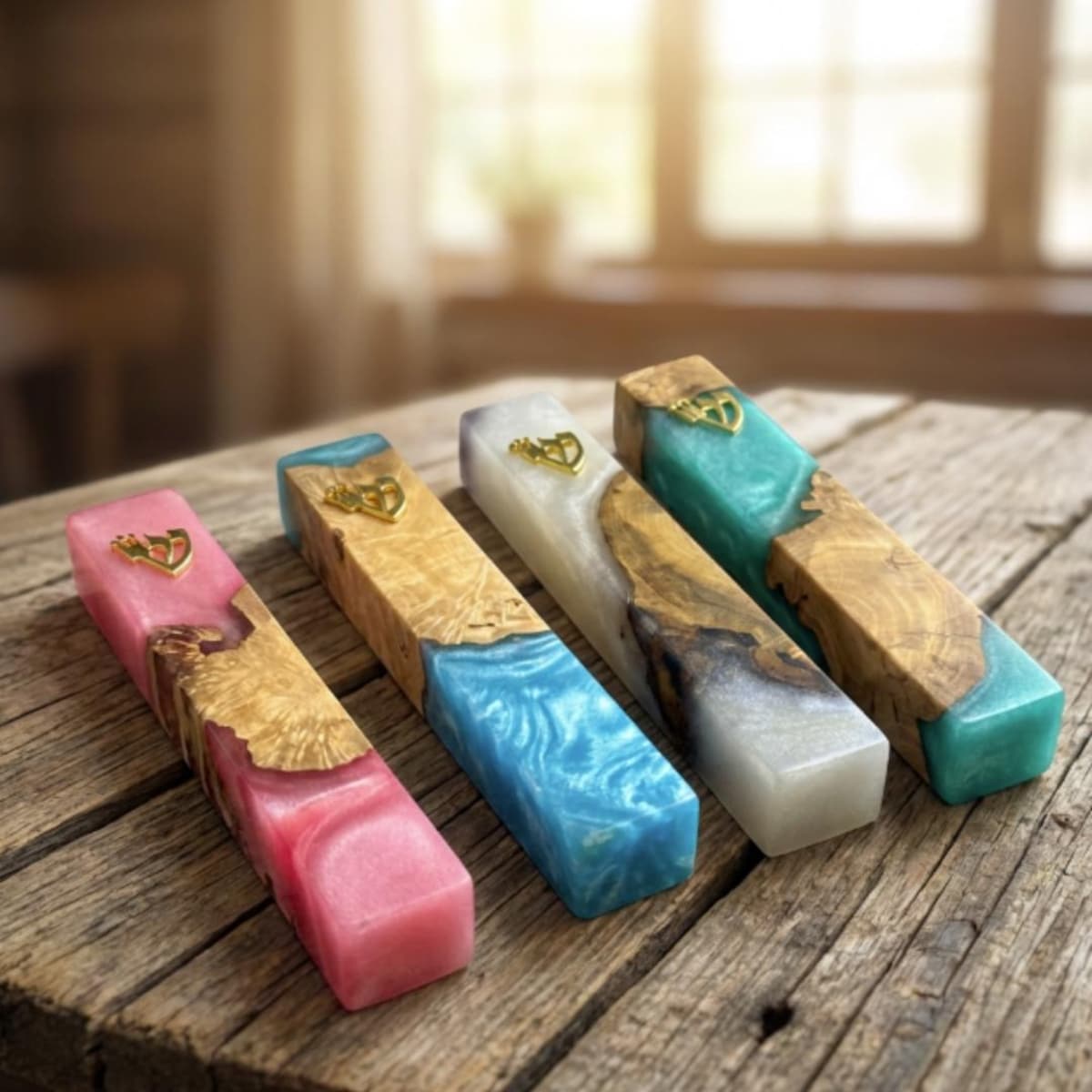 Modern Resin and Olive Wood Mezuzah – Colorful Handmade Judaica Doorway Blessing, Contemporary Jewish Wedding or jewish Housewarming Gift