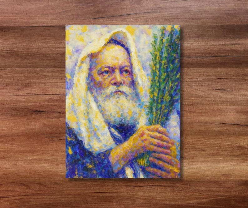 May include: An oil painting of a man with a long white beard and a white head covering. He is holding a bundle of green leaves. The artwork uses a palette of blues, yellows, and whites, with visible brushstrokes. The painting is set against a wooden background.