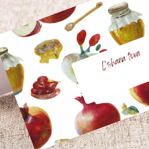 Plaatskaarten Rosj Hasjana - invulbare pdf - appels, honing, granaatappels - L'Shana Tova