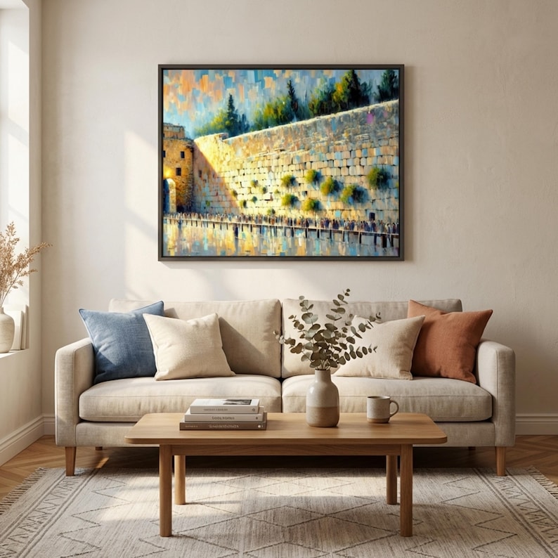 Puede incluir: Una pintura al &oacute;leo de un muro de piedra con una puerta y &aacute;rboles, enmarcada en negro, cuelga sobre un sof&aacute; beige con cojines. Una mesa de centro de madera contiene libros, un jarr&oacute;n y una taza. La habitaci&oacute;n tiene una paleta de colores neutros.