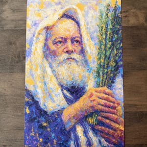 May include: An oil painting of an older man with a long white beard and a white head covering. He is holding a bundle of green branches. The artwork uses a palette of blues, yellows, and purples, with visible brushstrokes.
