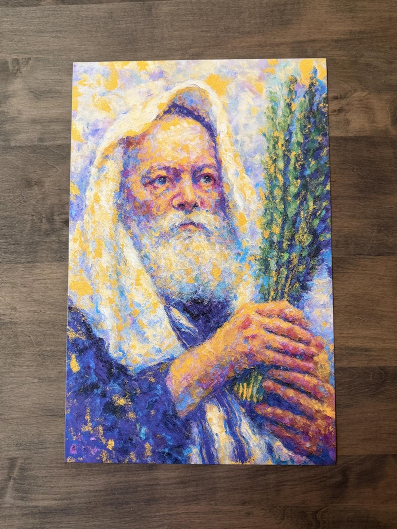 May include: An oil painting of an older man with a long white beard and a white head covering. He is holding a bundle of green branches. The artwork uses a palette of blues, yellows, and purples, with visible brushstrokes.
