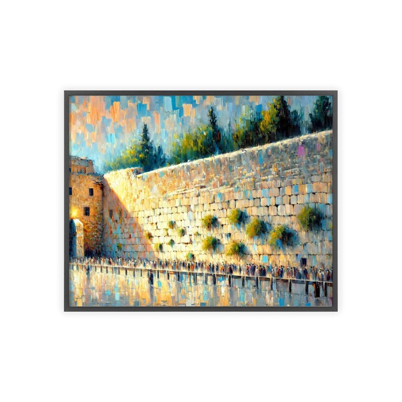 Puede incluir: Una pintura art&iacute;stica del Muro de las Lamentaciones en Jerusal&eacute;n, que presenta un muro de piedra con gente reunida debajo. La obra de arte utiliza una paleta de amarillos c&aacute;lidos, azules y verdes, con un estilo texturizado e impresionista. La imagen est&aacute; enmarcada en un borde gris oscuro.