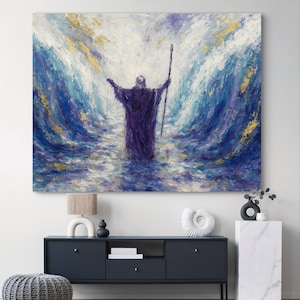 Moses Parting Red Sea Art – Abstract Biblical Wall Decor – Jewish Judaica Based on Passover Story