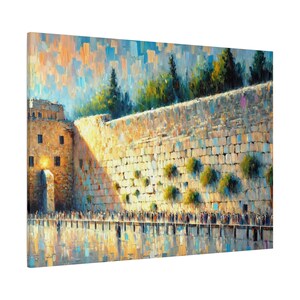 Puede incluir: Pintura impresionista del Muro de las Lamentaciones, que muestra un gran muro de piedra con una multitud de personas debajo. La obra utiliza una paleta de amarillos, azules y verdes c&aacute;lidos, con pinceladas visibles que crean textura. Un edificio con un arco est&aacute; a la izquierda.