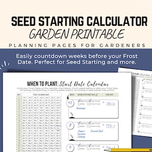 May include: A printable garden planning calendar with a chart to track frost dates and a section to calculate seed starting dates. The text "WHEN TO PLANT: Start Date Calendar" is at the top of the chart.