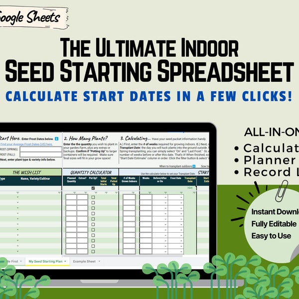 Seed Starting Spreadsheet, Digital Garden Planner, Planting Calendar, Garden Journal, Google Sheets Garden Planner, Indoor Seed Starting