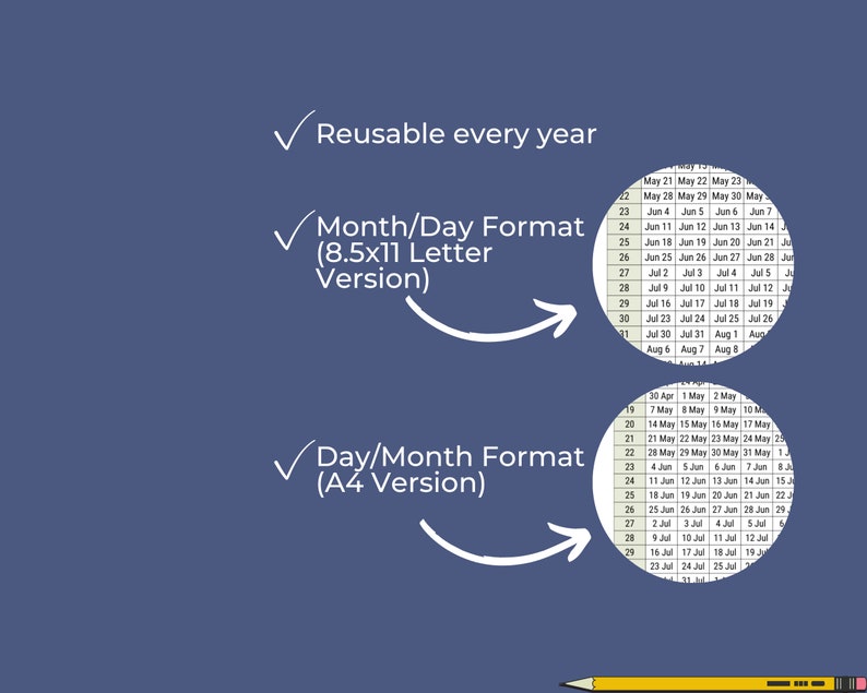 May include: A diagram showing two different calendar formats. The top format is labeled "Month/Day Format (8.5x11 Letter Version)" and the bottom format is labeled "Day/Month Format (A4 Version)". Both formats are reusable every year.