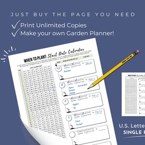 May include: Printable garden planner with a calendar chart to help you plan when to plant your vegetables and flowers. The chart includes a list of common vegetables and flowers, along with the number of weeks before or after the first frost to plant them. The text on the page says "WHEN TO PLANT: Start Date Calendar".
