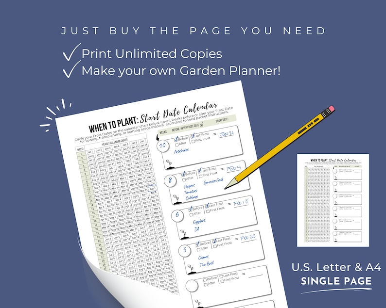 May include: Printable garden planner with a calendar chart to help you plan when to plant your vegetables and flowers. The chart includes a list of common vegetables and flowers, along with the number of weeks before or after the first frost to plant them. The text on the page says "WHEN TO PLANT: Start Date Calendar".