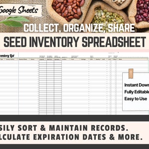 Puede incluir: Una plantilla de hoja de cálculo de Google Sheets para organizar y hacer un seguimiento del inventario de semillas. La hoja de cálculo incluye columnas para la categoría de planta, el tipo de planta, la variedad, el nombre de la germinación, la fuente, la adquisición, la vida útil, la caducidad, la ubicación, el precio, la cantidad, la unidad, el lote, el compartido, las notas y el verificador de inventario. La hoja de cálculo está rodeada de bolsas de arpillera llenas de varios tipos de semillas.
