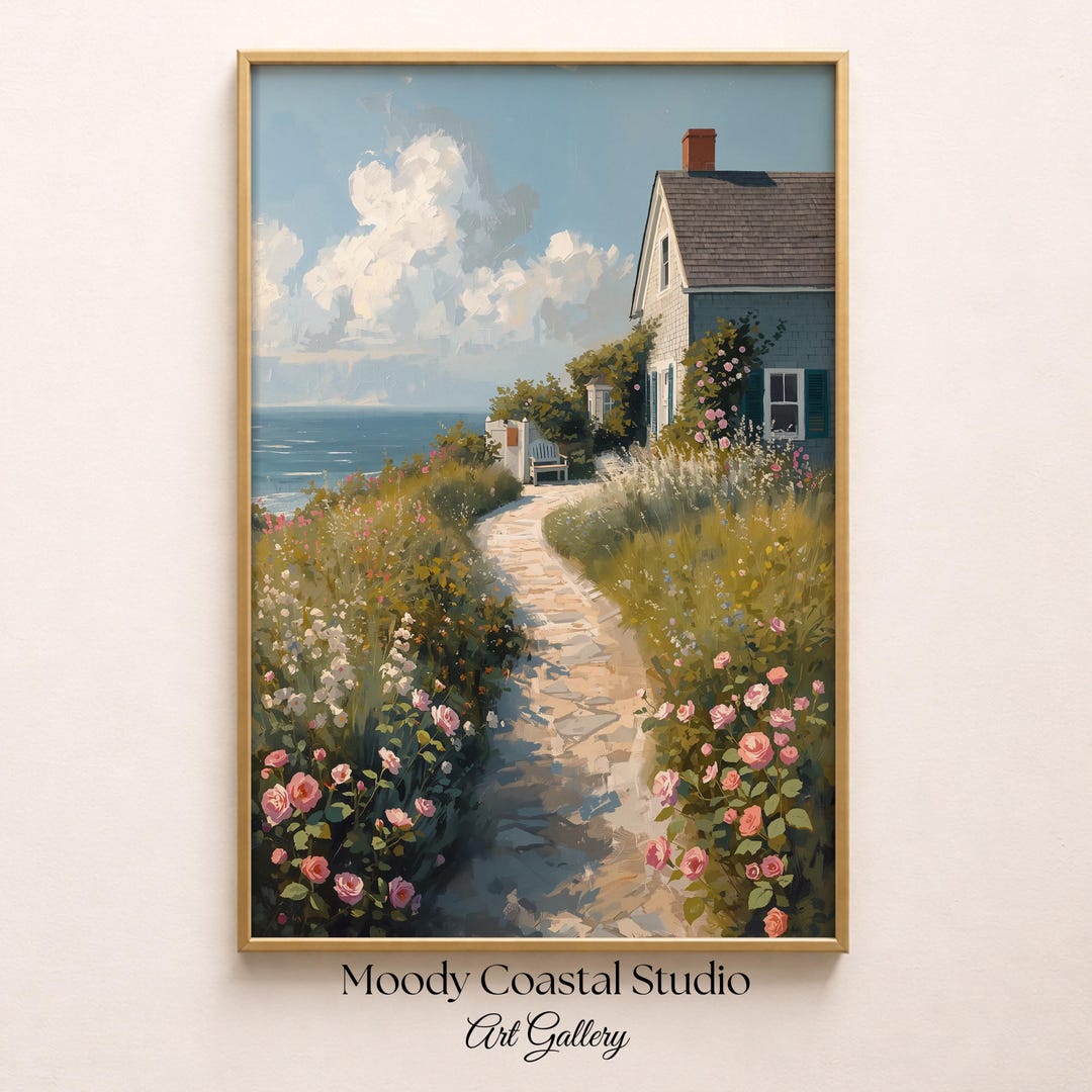 Atlantic Coast Farmhouse Oil Painting Print, Coastal Cottage Wall Art ...