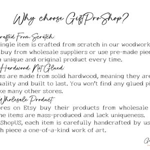 May include: Text explaining why to choose Gif ProShop for handcrafted wooden items. The text highlights that each item is made from scratch using solid hardwood, not glued together, and is not a wholesale product. The text is in black on a white background with a brown and white logo at the bottom.