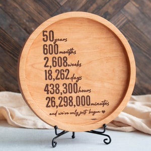 50th Anniversary Gift for Parents, Golden Wedding, 50 Year Anniversary Wood Tray engraved with months, weeks, days, hours, and minutes.
