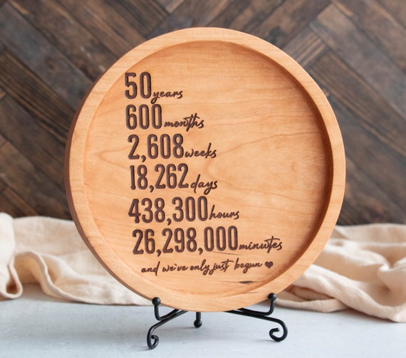 50th Anniversary Gift for Parents, Golden Wedding, 50 Year Anniversary Wood Tray engraved with months, weeks, days, hours, and minutes.