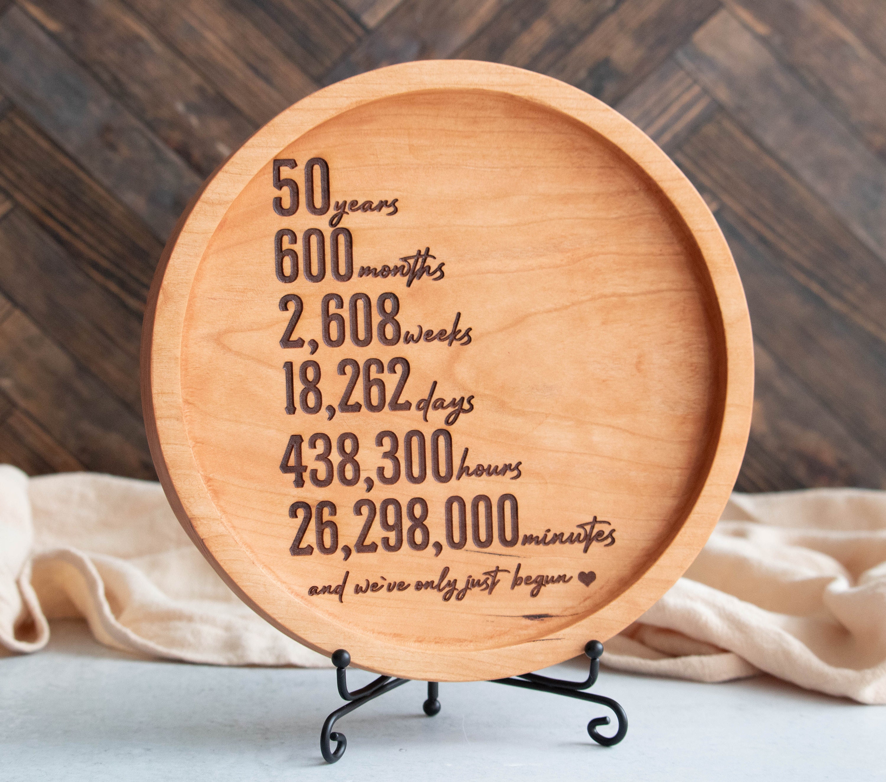 50th Anniversary Gift for Parents, Golden Wedding, 50 Year Anniversary Wood Tray engraved with months, weeks, days, hours, and minutes.