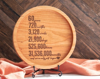 Custom engraved wood tray for 60th anniversary for Parents, Diamond wedding anniversary wood keepsake, Months, Weeks, Days, Hours, Minutes