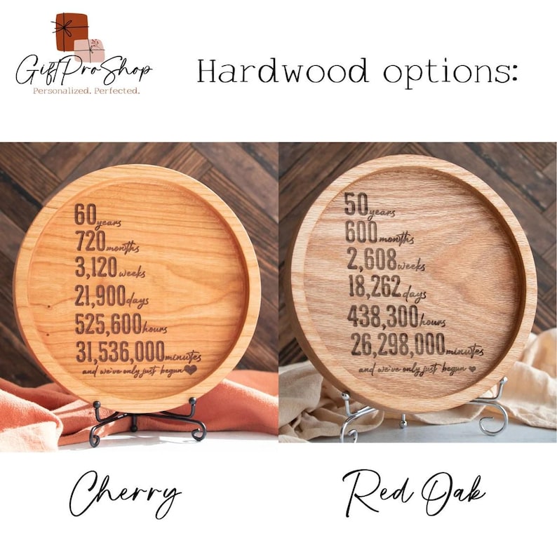May include: Two wooden anniversary plaques with engraved text. The plaque on the left is cherry wood and the plaque on the right is red oak. The text on the left plaque reads "60 years, 720 months, 3,120 weeks, 21,900 days, 525,600 hours, 31,536,000 minutes, and we've only just begun". The text on the right plaque reads "50 years, 600 months, 2,608 weeks, 18,262 days, 438,300 hours, 26,298,000 minutes, and we've only just begun".