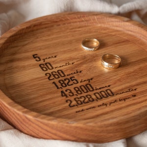 Gepersonaliseerde ronde opvangbak, cadeau 5e huwelijksverjaardag, handgemaakte houten organizer, unieke aandenken liefde mijlpaal viering hout