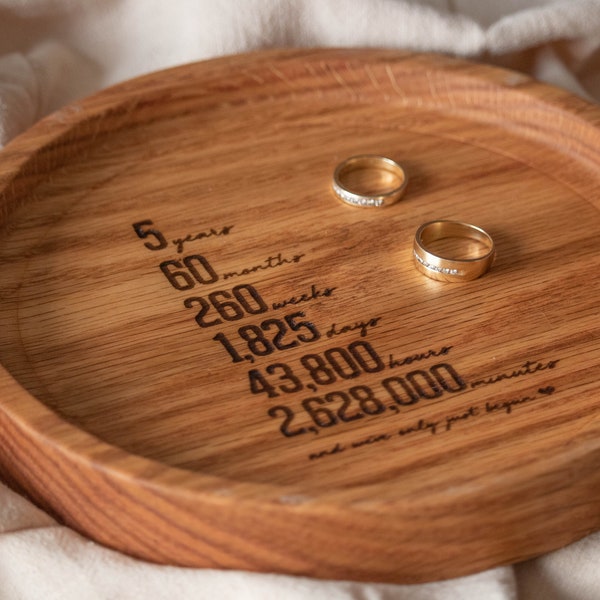 Personalized Round Catchall Tray, 5th Wedding Anniversary Gift, Handmade Wooden Organizer, Unique Keepsake Love Milestone Celebration Wood