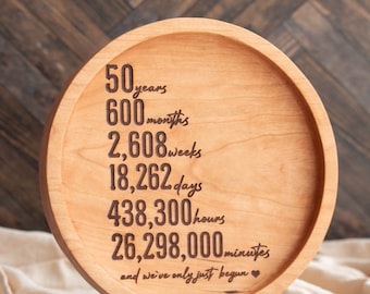 50th Anniversary Gift for Parents, Golden Wedding, 50 Year Anniversary Wood Tray engraved with months, weeks, days, hours, and minutes.
