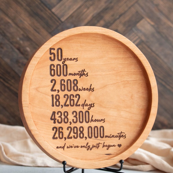 50th Anniversary Gift for Parents, Golden Wedding, 50 Year Anniversary Wood Tray engraved with months, weeks, days, hours, and minutes.