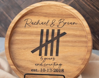 Custom Engraved Wood Tray - Unique 5th Wooden Anniversary Gift - Personalized Round Catchall Tray - Keepsake organizer for Keys, Jewelry